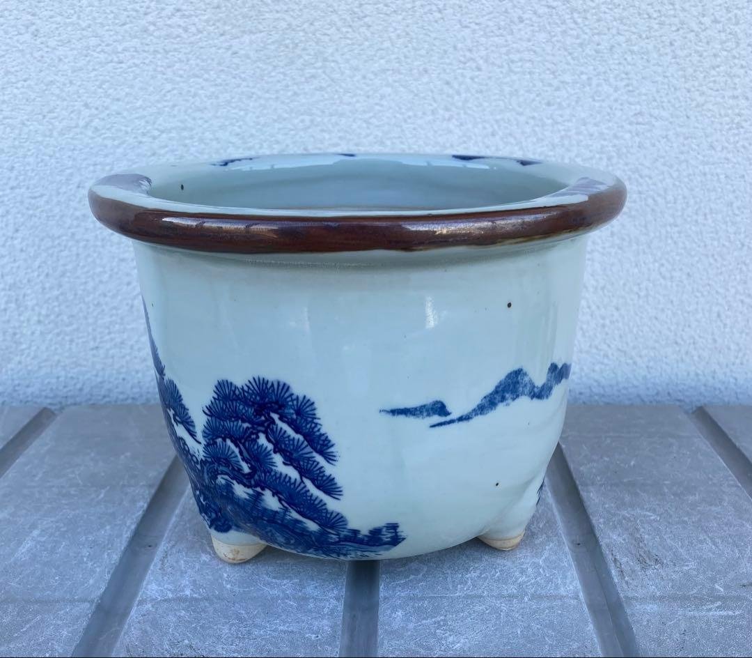 新品 瀬戸焼 染付け 大型 丸形 植木鉢 盆栽鉢