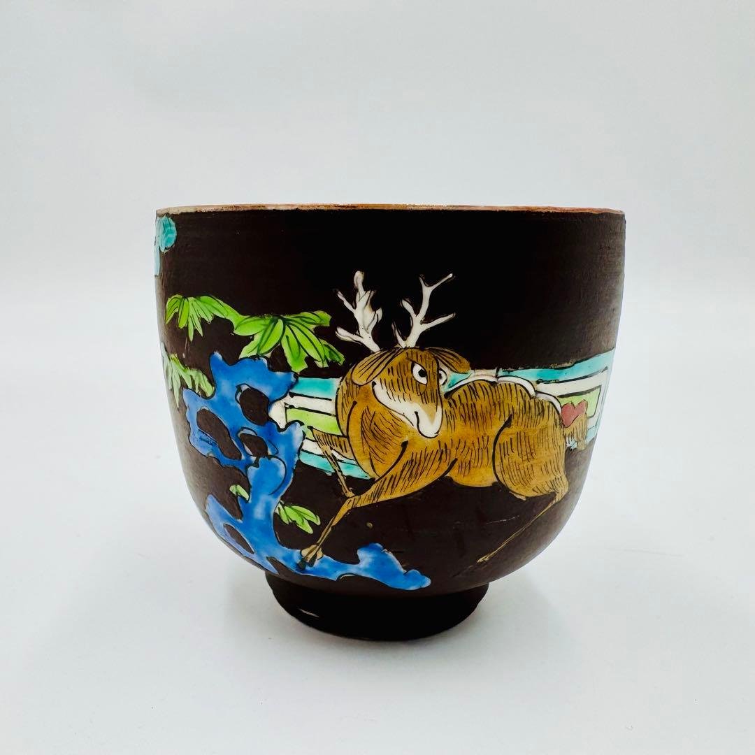 【時代　寿老人と鹿　絵付茶碗】茶道具　中国美術　茶器