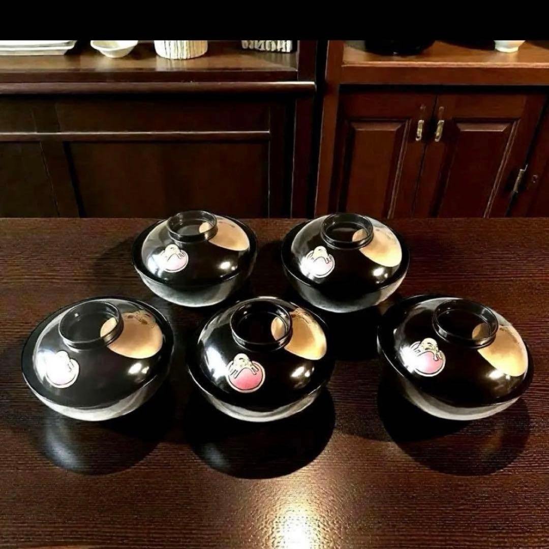 【時代物】達磨 だるま蒔絵・能登輪島塗 栗色付 吸物椀×5客 谷川堅美堂 縁起物